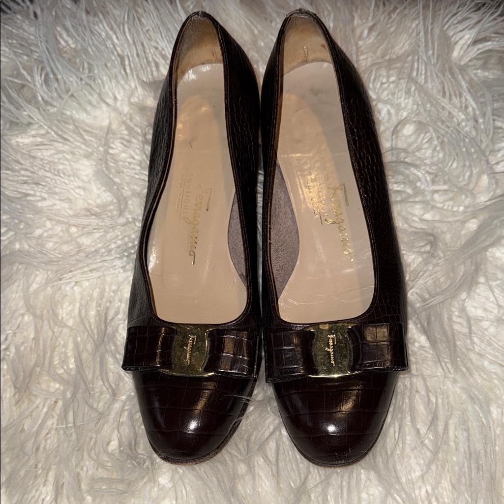 Salvatore Ferragamo Dark Brown Croc-Embossed Heels